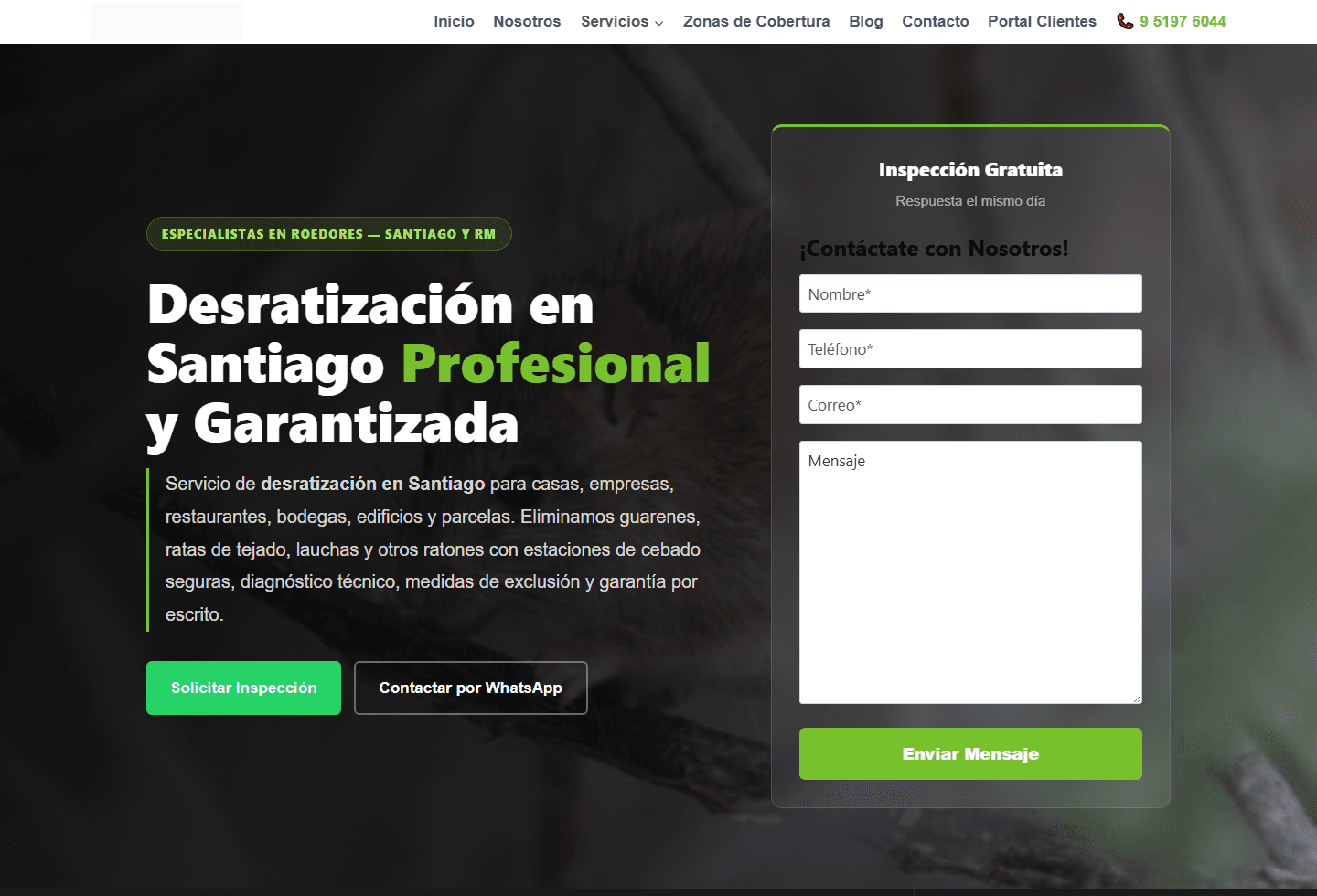 Captura real de landing page de desratizacion para empresa de control de plagas