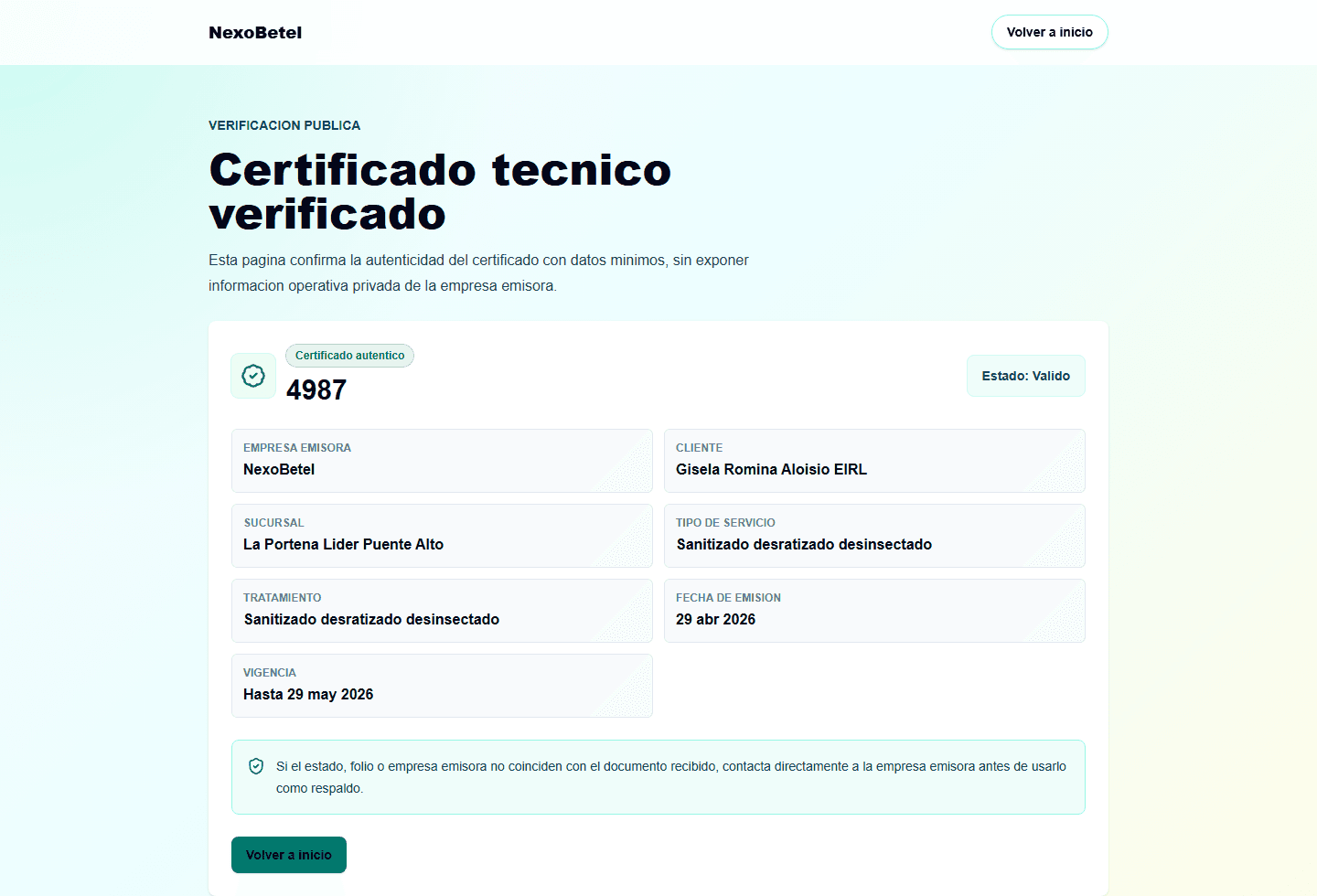 Captura real del portal publico de verificacion de certificados NexoBetel