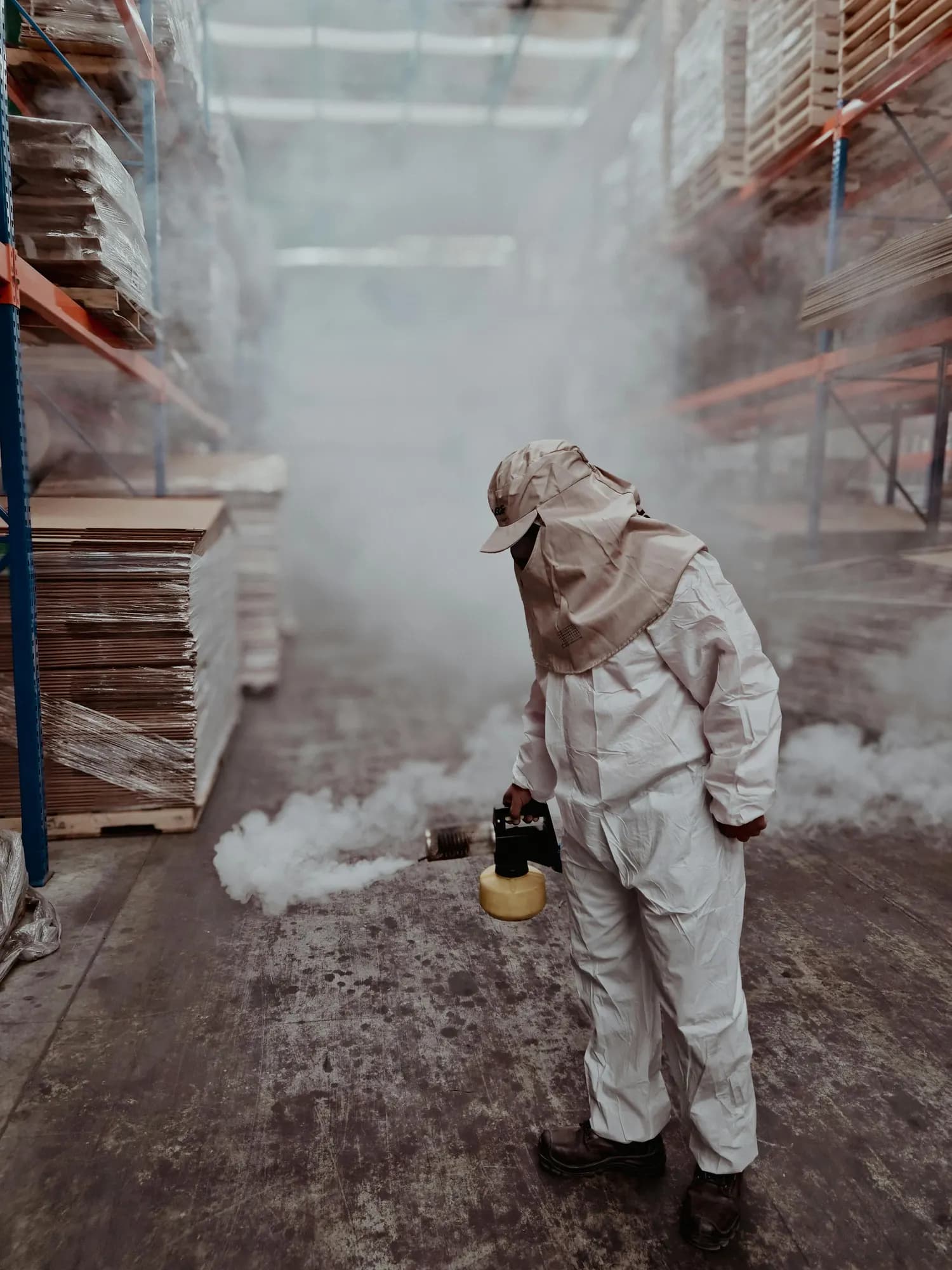Tecnico realizando fumigacion en una bodega industrial